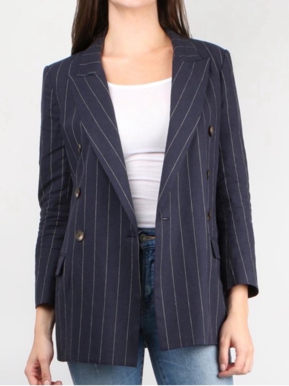 L’AGENCE Women's Pinstripe Double-Breasted oversized Blazer in Blue NAVY ROYAL